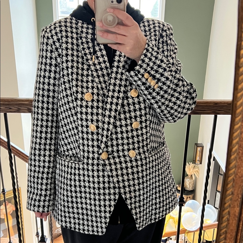 Express women’s Black & White Houndstooth Blazer w/ faux hood w/ Gold Buttons xl